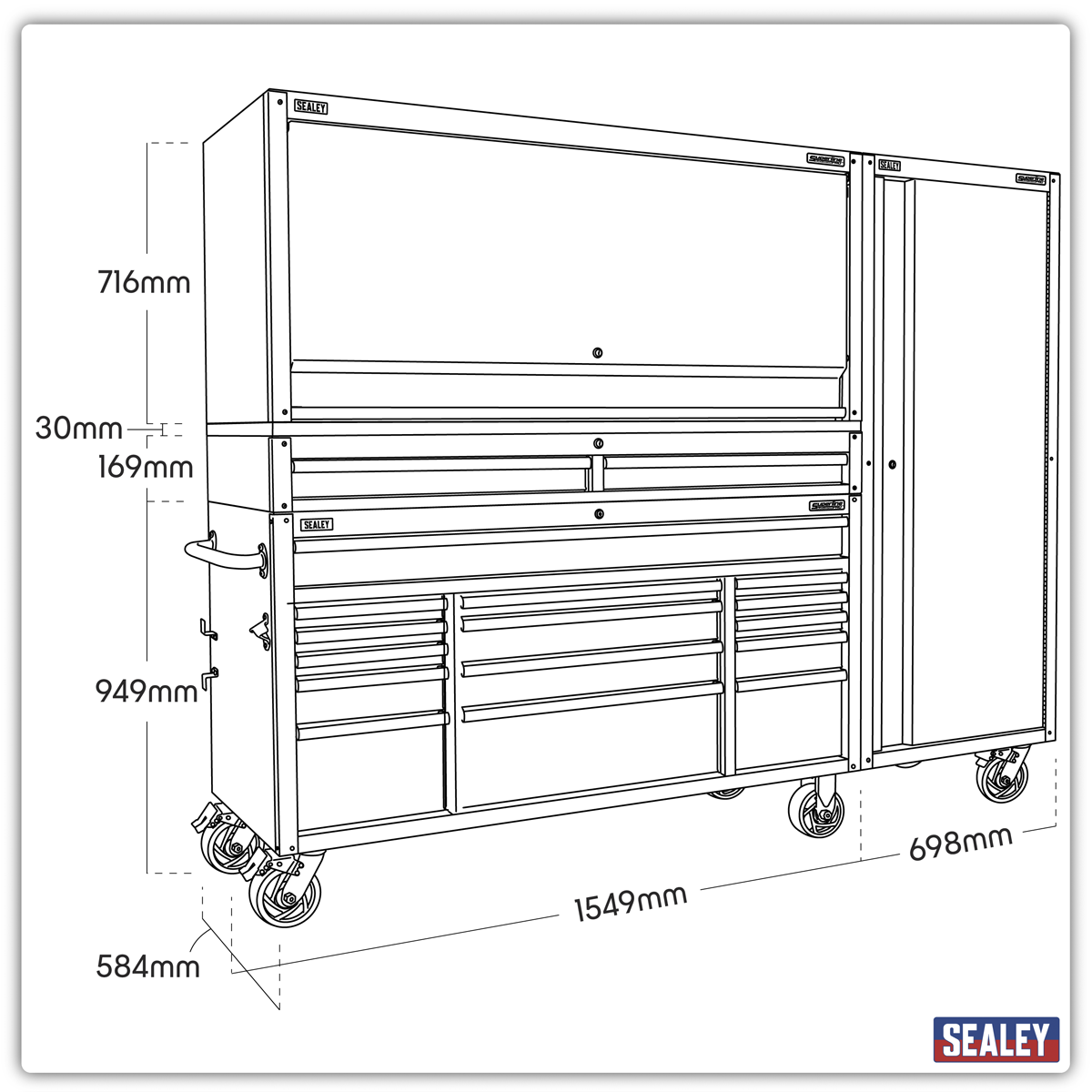 Superline PRO® Black Edition Mobile Trolley with Wooden Worktop, Hutch, 2 Drawer Riser & Side Locker 15 Drawer 1549mm