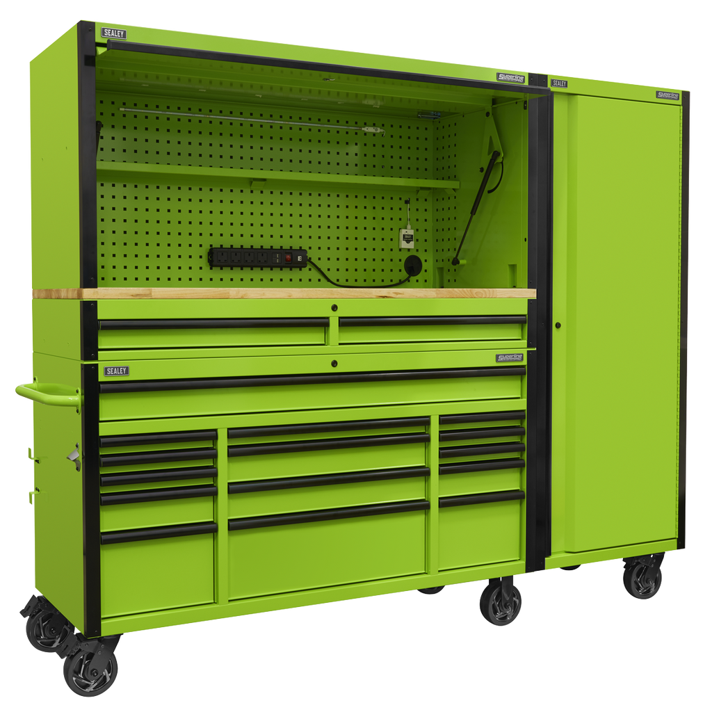 Superline PRO® Black Edition Mobile Trolley with Wooden Worktop, Hutch, 2 Drawer Riser & Side Locker 15 Drawer 1549mm