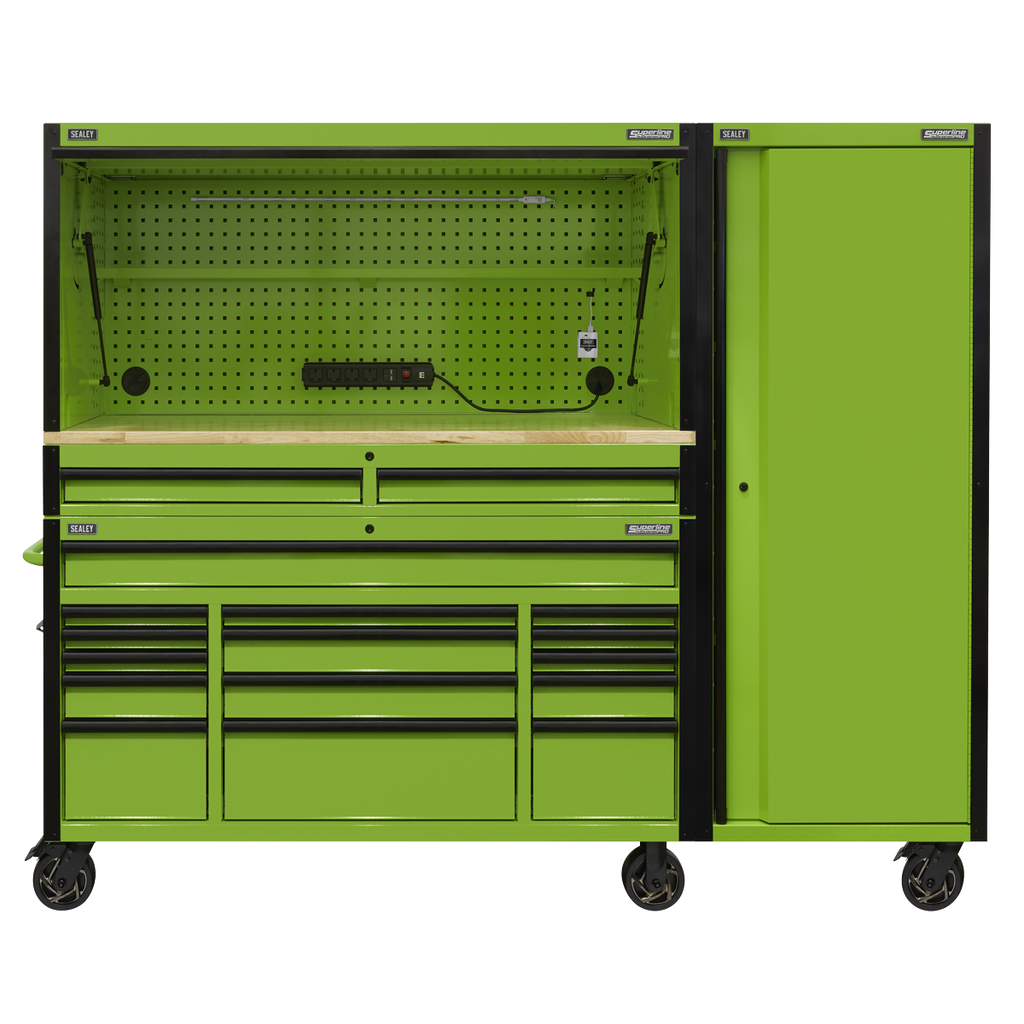 Superline PRO® Black Edition Mobile Trolley with Wooden Worktop, Hutch, 2 Drawer Riser & Side Locker 15 Drawer 1549mm