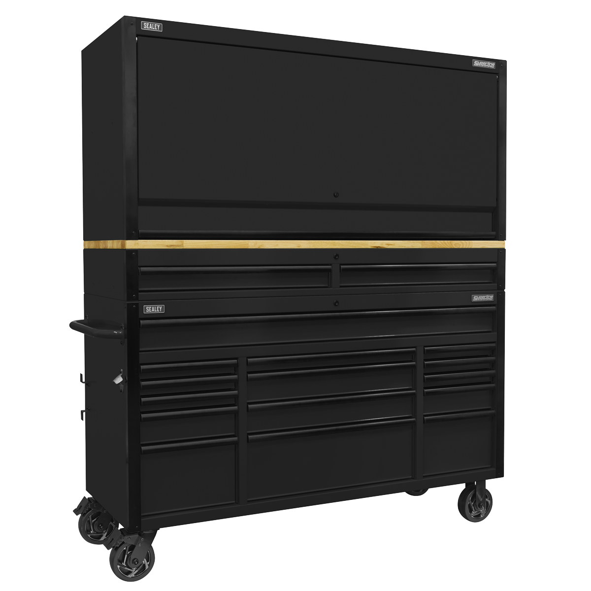 Superline PRO® Black Edition Mobile Trolley with Wooden Worktop 15 Drawer, Hutch & 2 Drawer Riser 1549mm