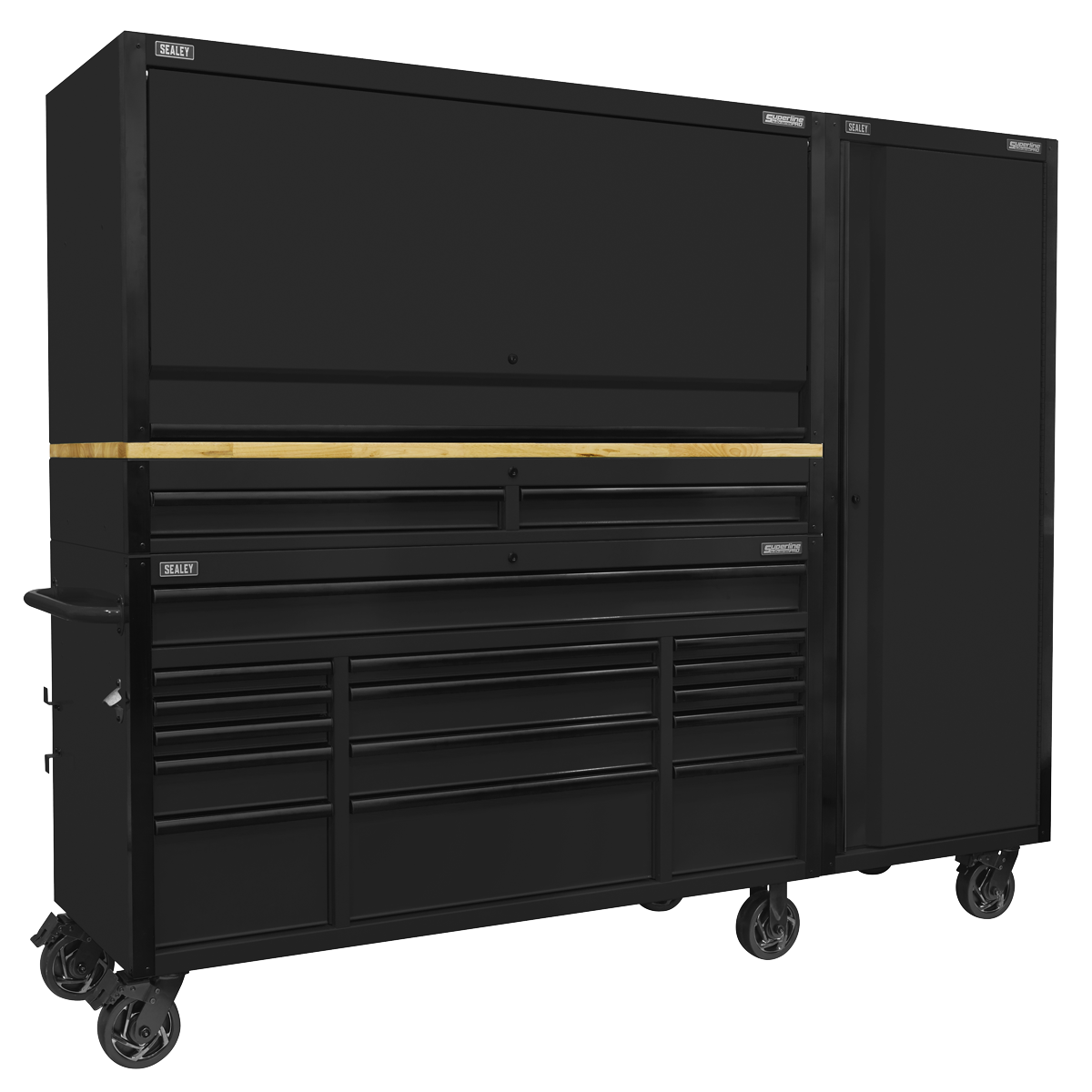 Superline PRO® Black Edition Mobile Trolley with Wooden Worktop 15 Drawer, Hutch, 2 Drawer Riser & Side Locker 1549mm