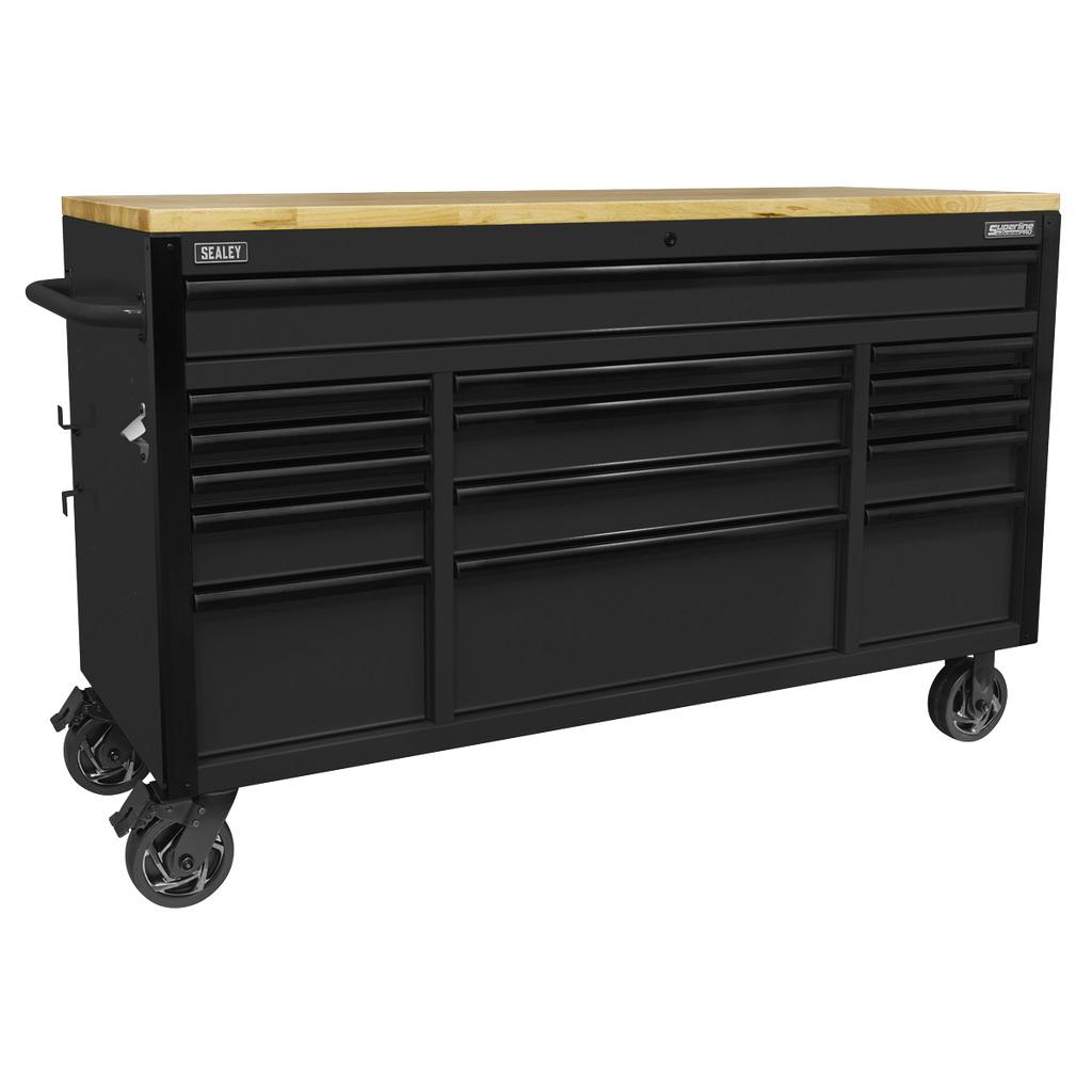 Superline PRO® Black Edition Mobile Trolley with Wooden Worktop 15 Drawer 1549mm