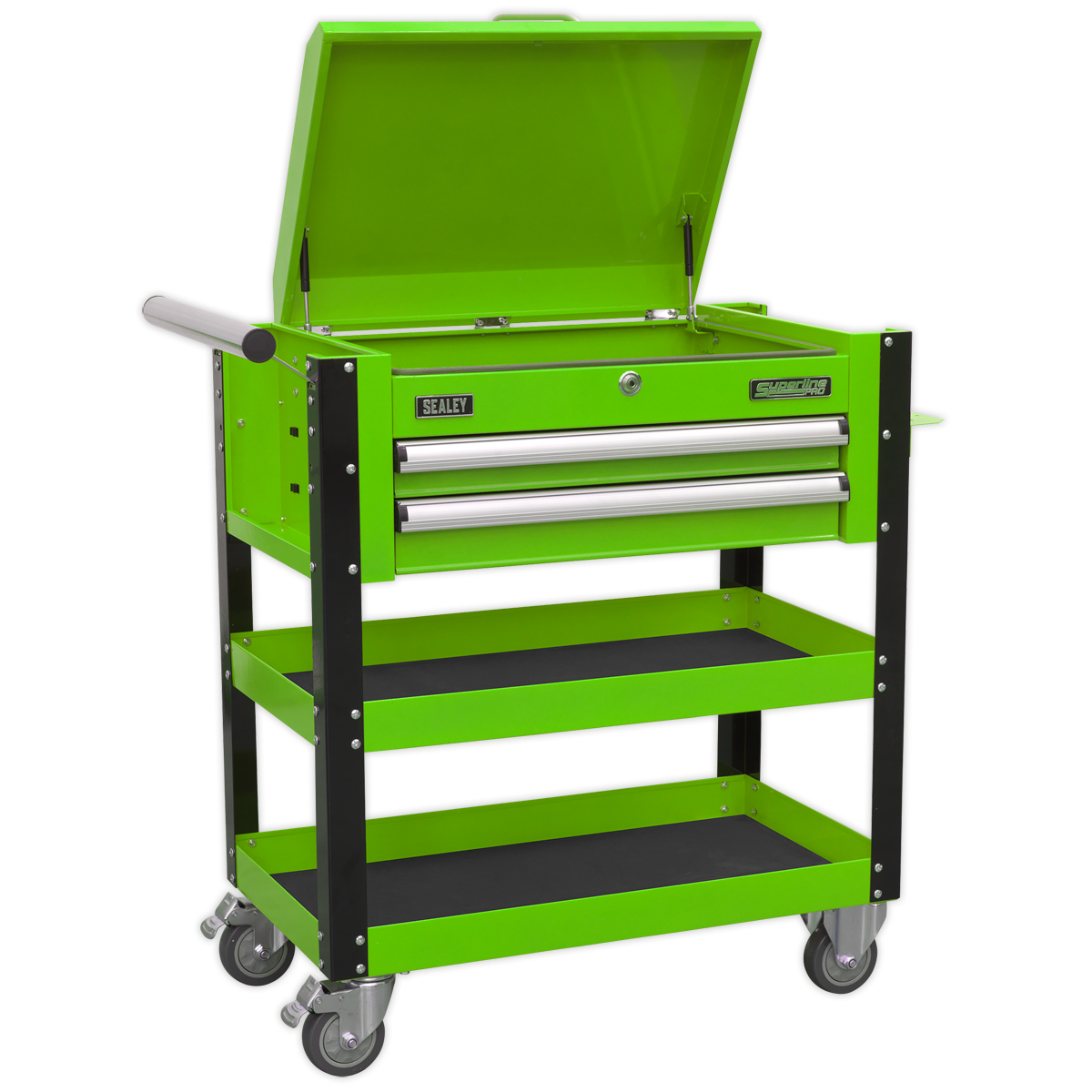 Superline PRO® Heavy-Duty Mobile Tool & Parts Trolley with Lockable Top & 2 Drawers - Green