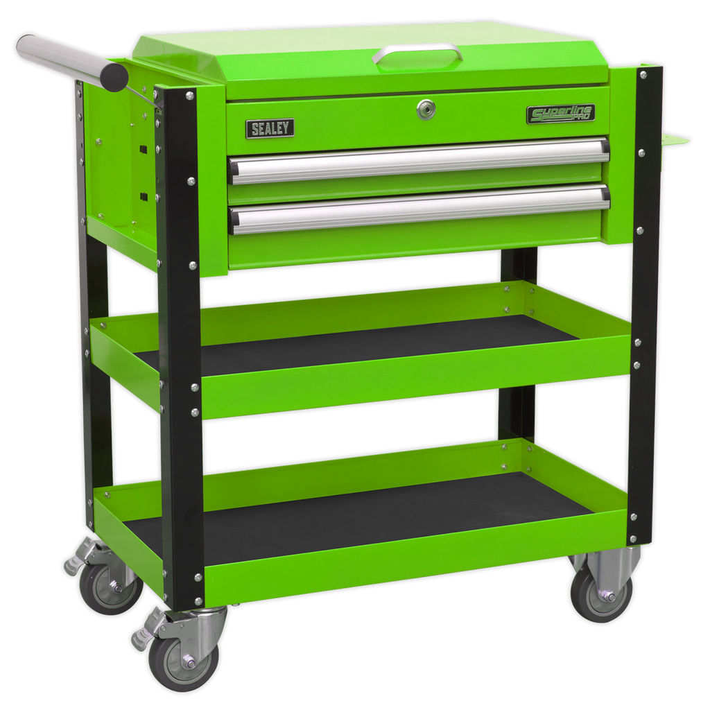 Superline PRO® Heavy-Duty Mobile Tool & Parts Trolley with Lockable Top & 2 Drawers - Green
