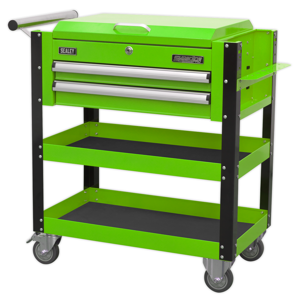 Superline PRO® Heavy-Duty Mobile Tool & Parts Trolley with Lockable Top & 2 Drawers - Green