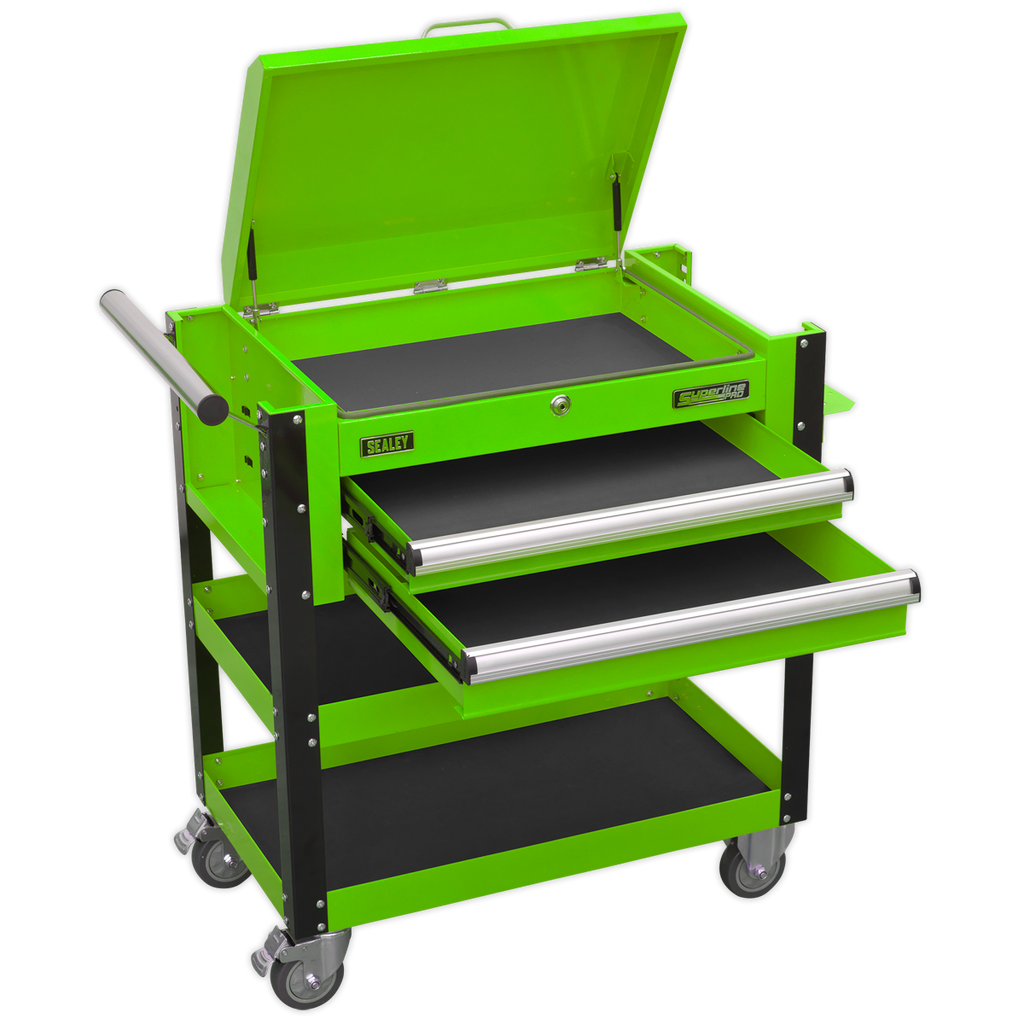 Superline PRO® Heavy-Duty Mobile Tool & Parts Trolley with Lockable Top & 2 Drawers - Green