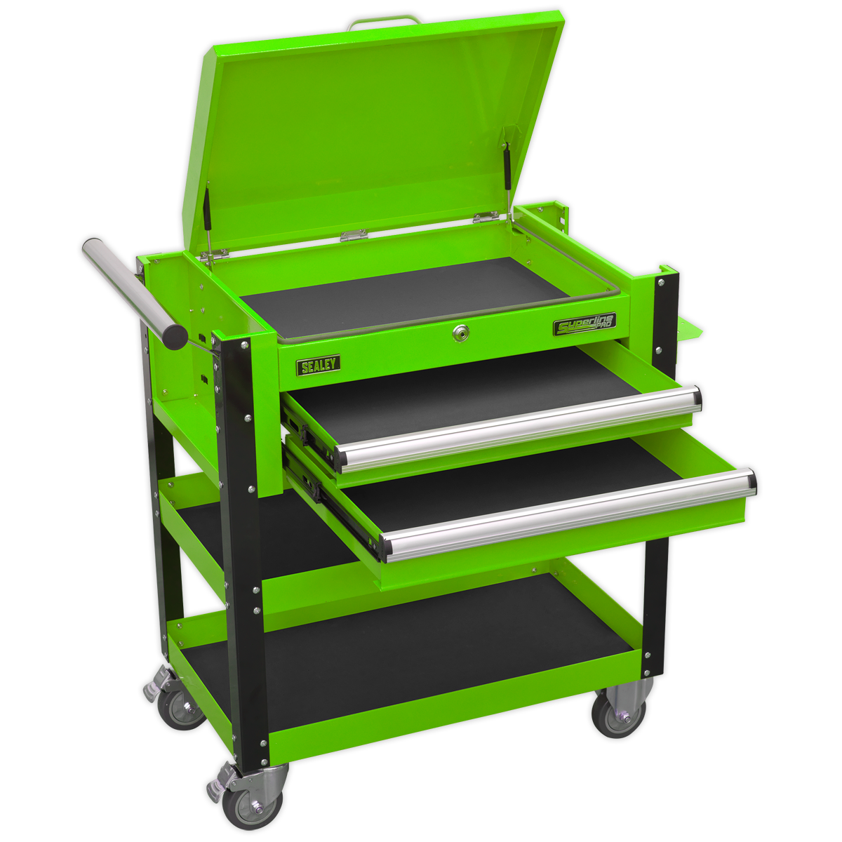 Superline PRO® Heavy-Duty Mobile Tool & Parts Trolley with Lockable Top & 2 Drawers - Green