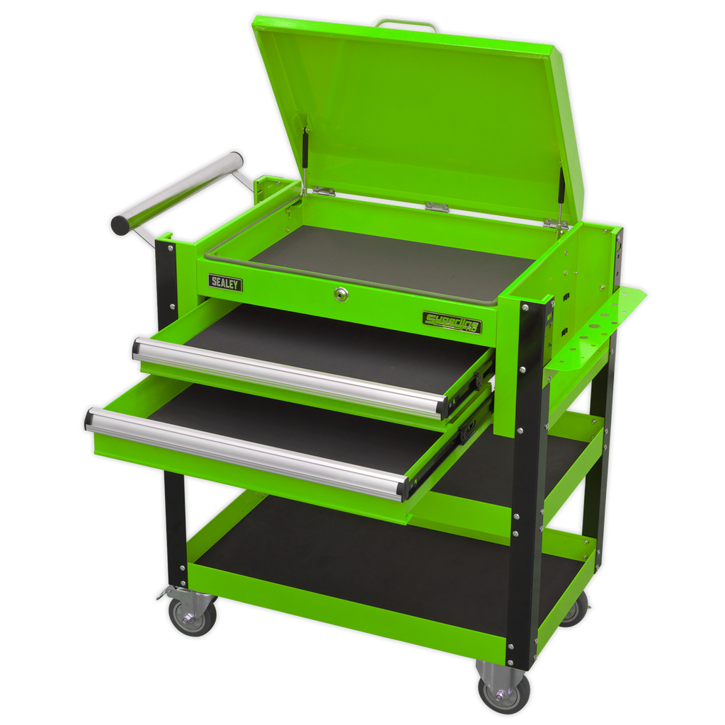 Superline PRO® Heavy-Duty Mobile Tool & Parts Trolley with Lockable Top & 2 Drawers - Green