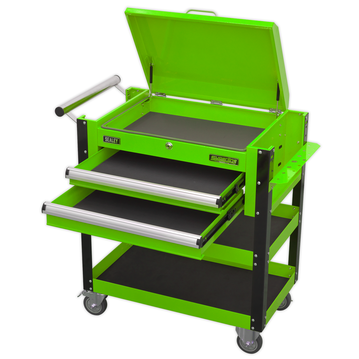 Superline PRO® Heavy-Duty Mobile Tool & Parts Trolley with Lockable Top & 2 Drawers - Green