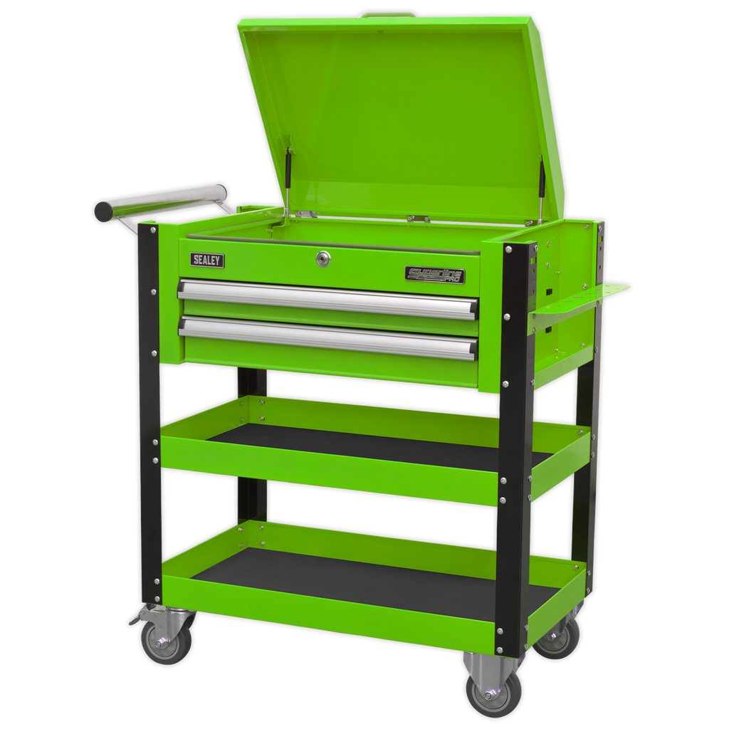 Superline PRO® Heavy-Duty Mobile Tool & Parts Trolley with Lockable Top & 2 Drawers - Green