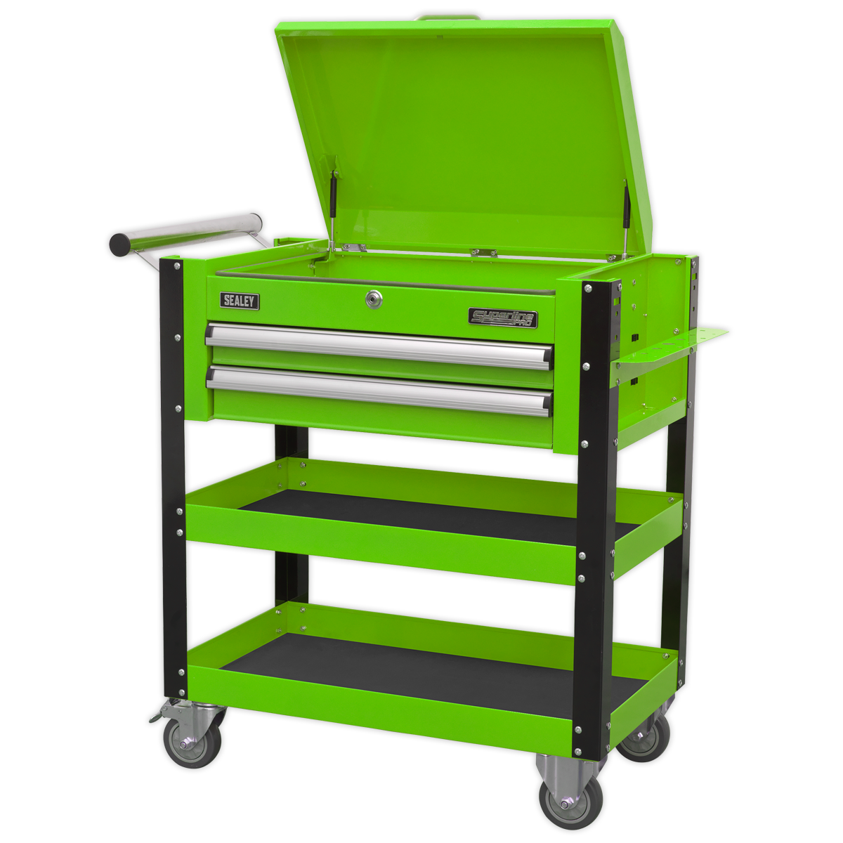 Superline PRO® Heavy-Duty Mobile Tool & Parts Trolley with Lockable Top & 2 Drawers - Green