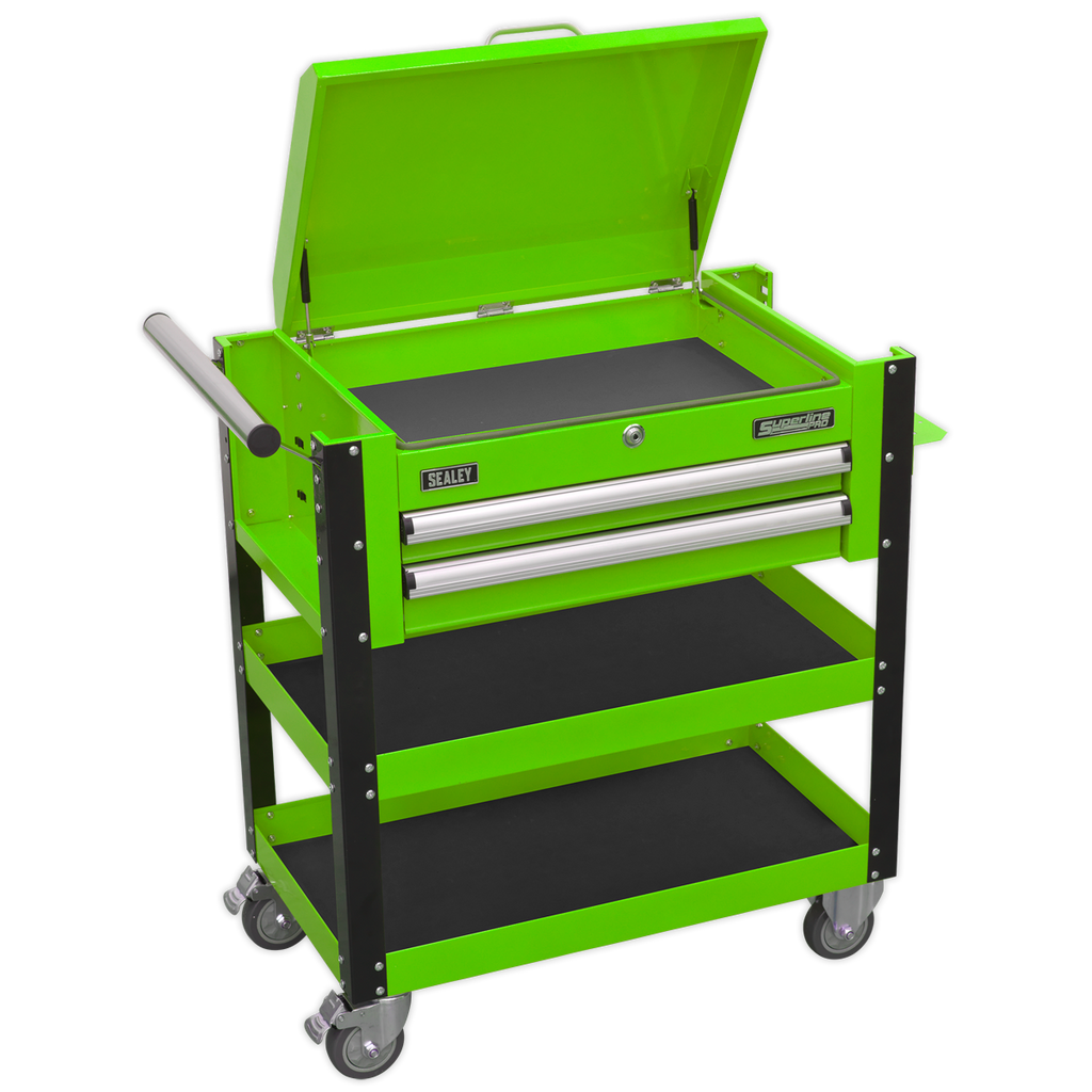 Superline PRO® Heavy-Duty Mobile Tool & Parts Trolley with Lockable Top & 2 Drawers - Green