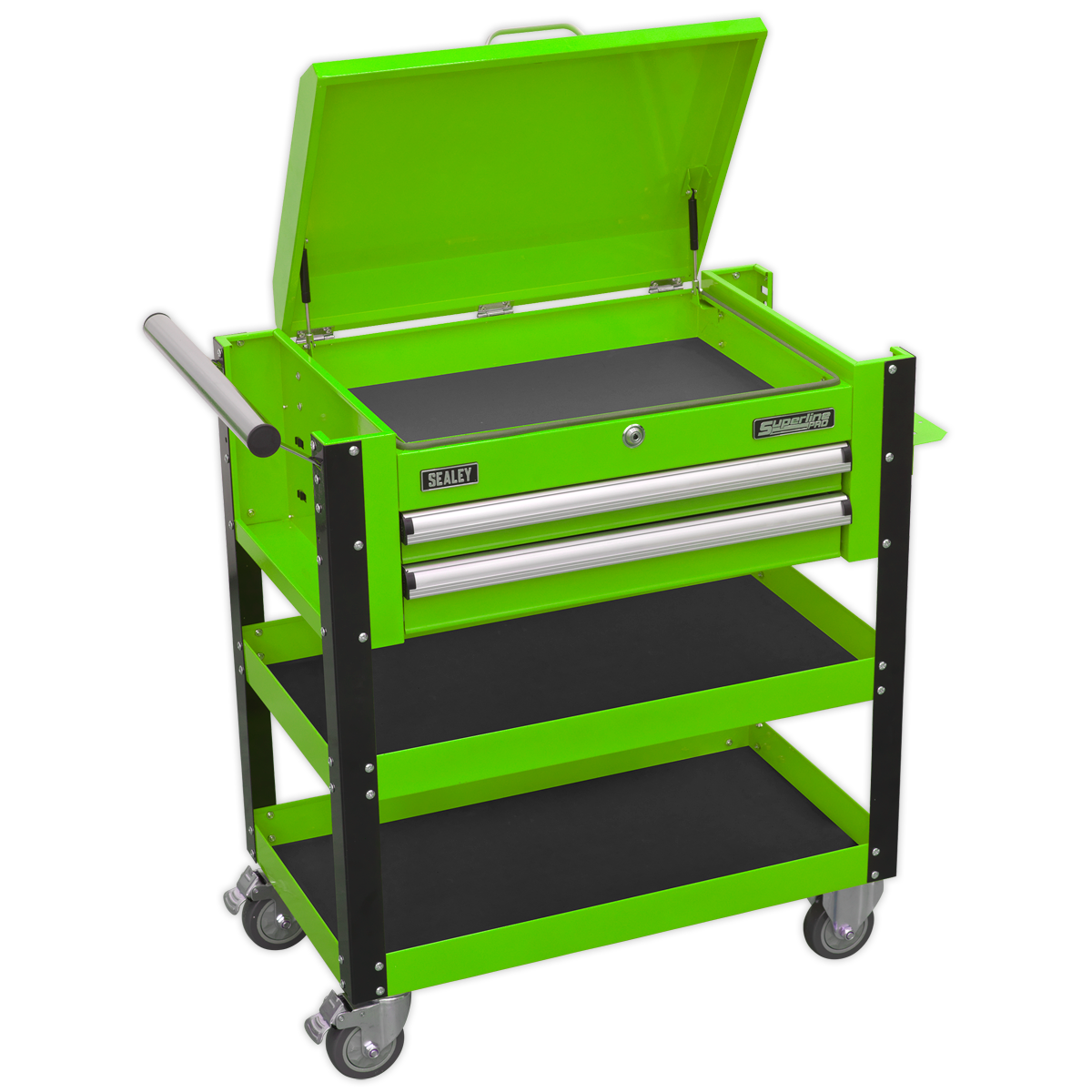 Superline PRO® Heavy-Duty Mobile Tool & Parts Trolley with Lockable Top & 2 Drawers - Green