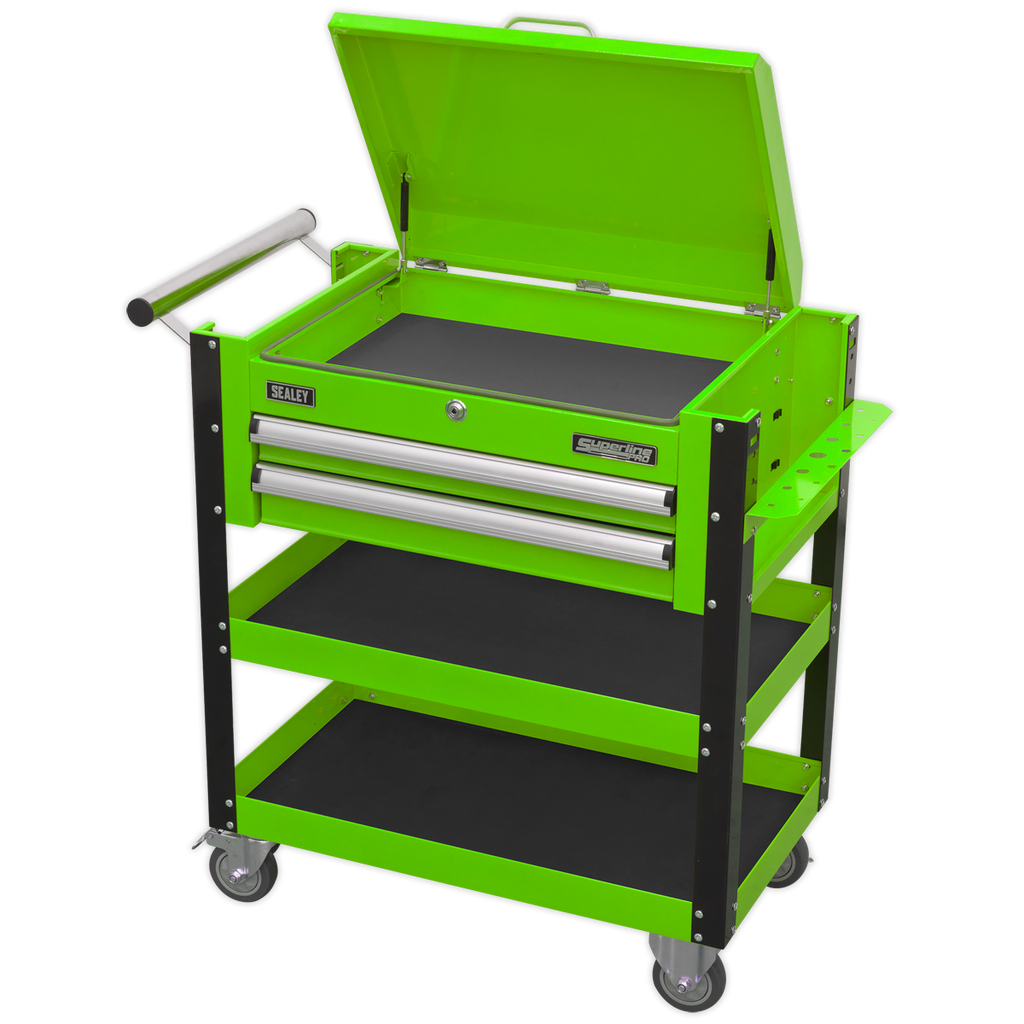 Superline PRO® Heavy-Duty Mobile Tool & Parts Trolley with Lockable Top & 2 Drawers - Green