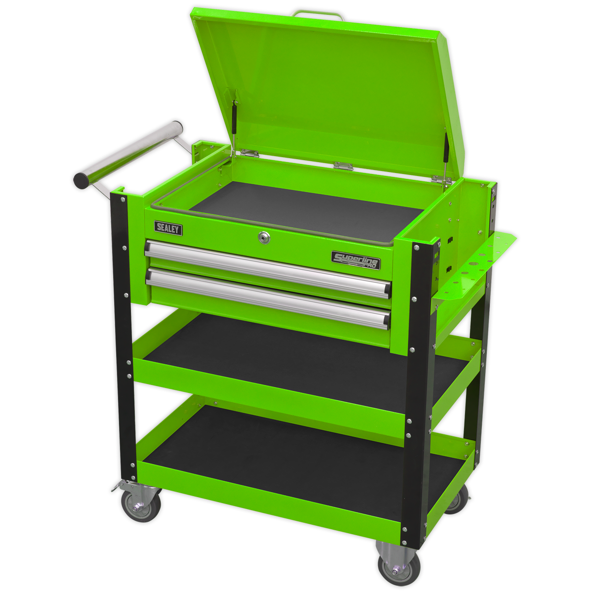 Superline PRO® Heavy-Duty Mobile Tool & Parts Trolley with Lockable Top & 2 Drawers - Green