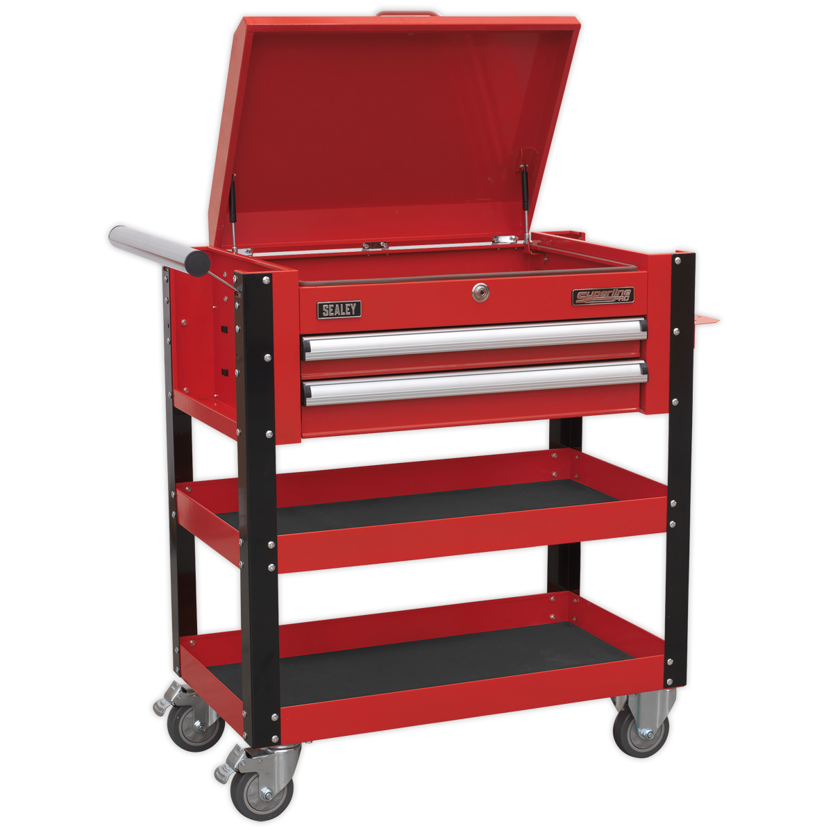 Superline PRO® Heavy-Duty Mobile Tool & Parts Trolley with Lockable Top & 2 Drawers - Red