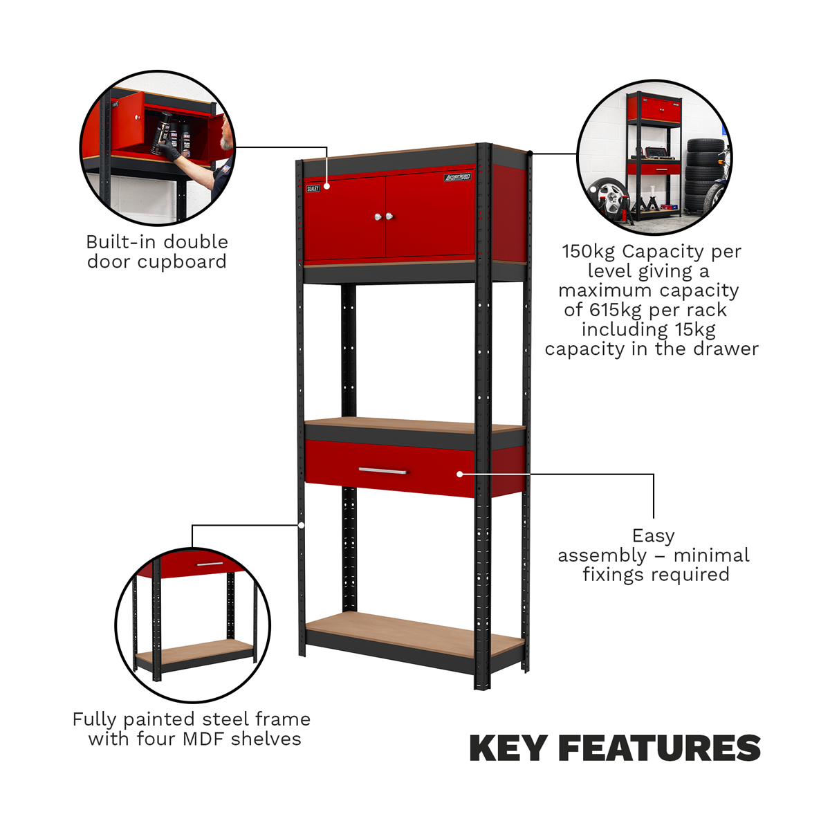Shelving Unit 4-Tier with Cupboard & Drawer