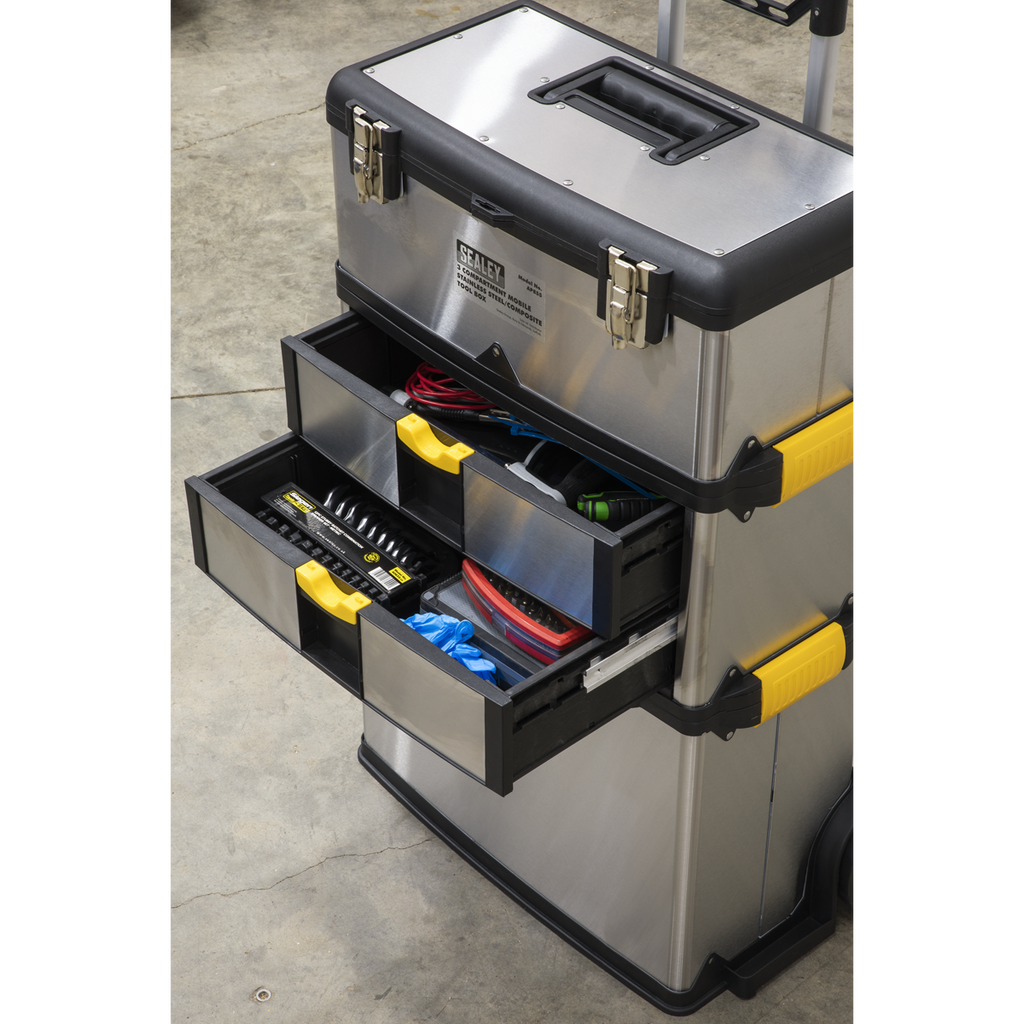 Mobile Stainless Steel/Composite Toolbox with 3 Compartments (AP855)