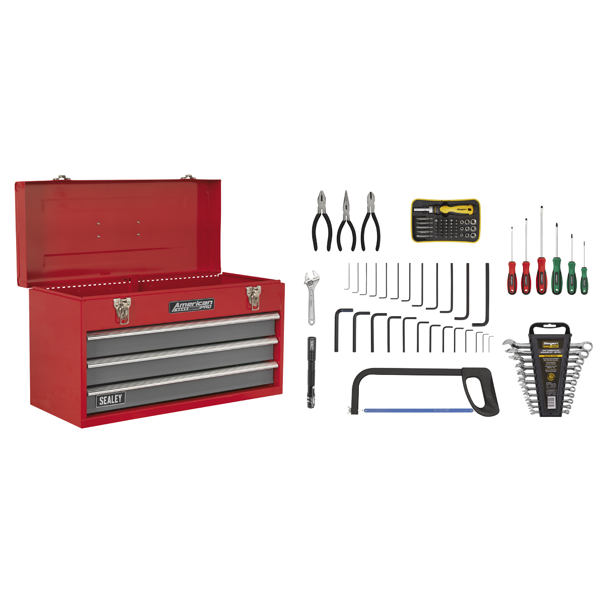 American PRO® Tool Chest with Tool Kit, 3 Drawer, Red/Grey (AP9243BBCOMBO)