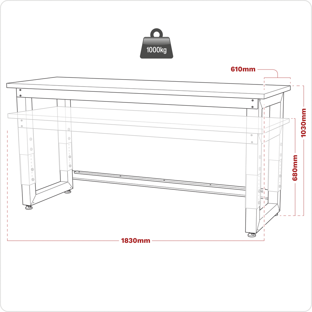 Premier™ Heavy-Duty Steel Adjustable Workbench with Wooden Worktop 1830mm