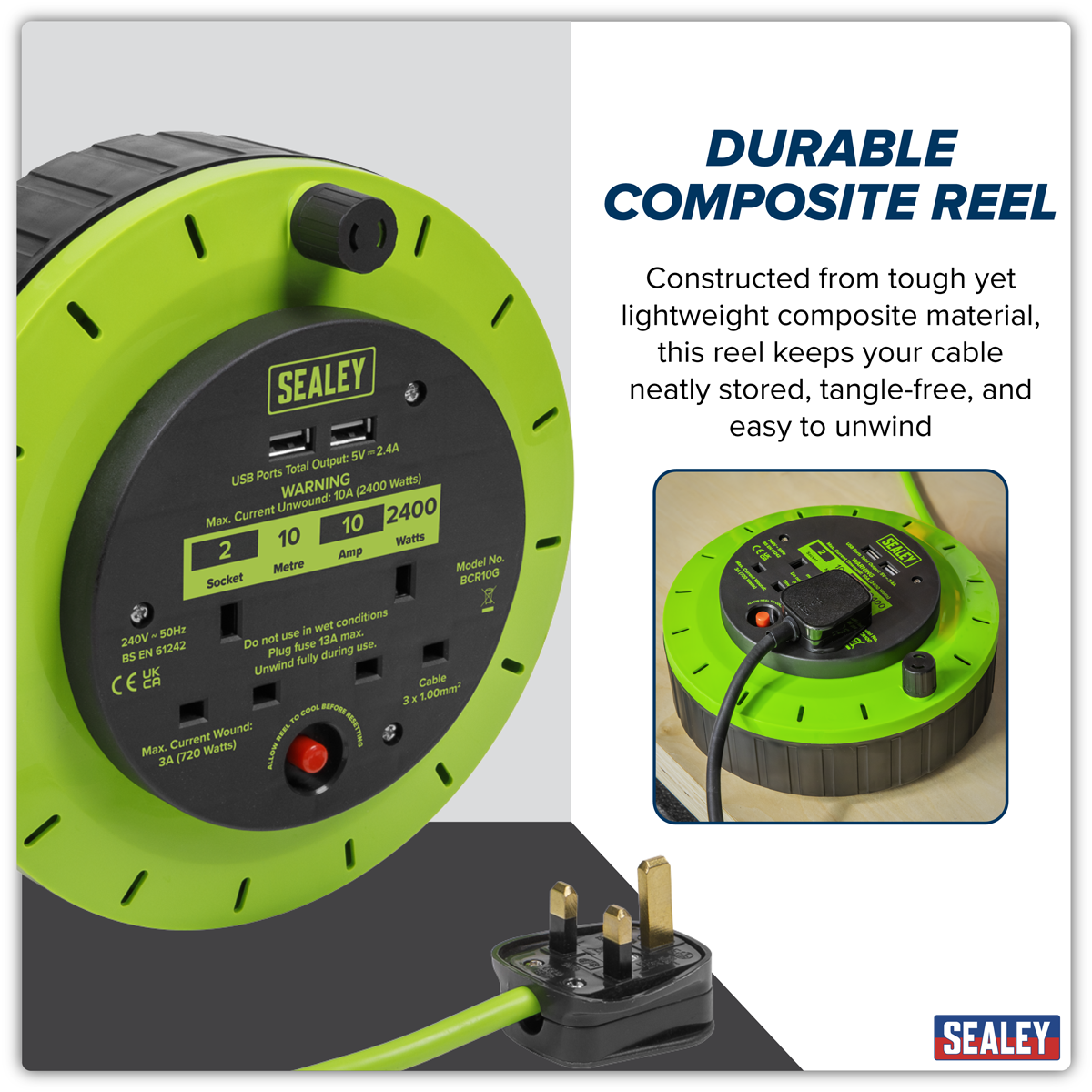 10m Cassette Type Cable Reel with Thermal Trip 2 x 230V & 2