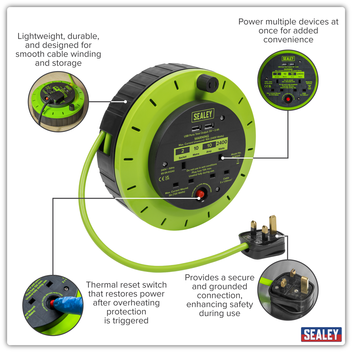 10m Cassette Type Cable Reel with Thermal Trip 2 x 230V & 2