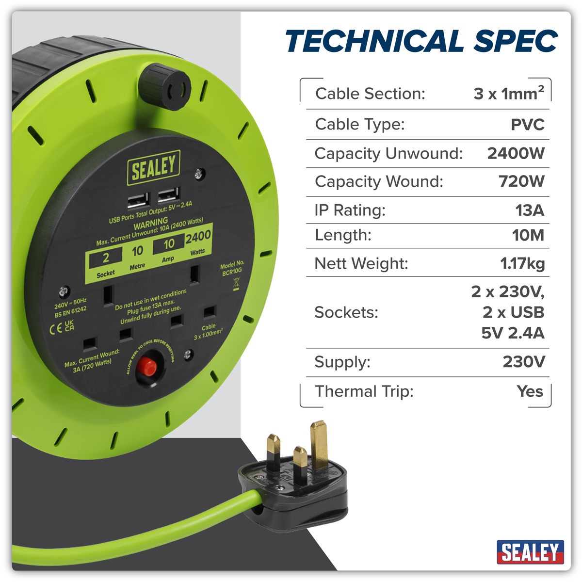 10m Cassette Type Cable Reel with Thermal Trip 2 x 230V & 2
