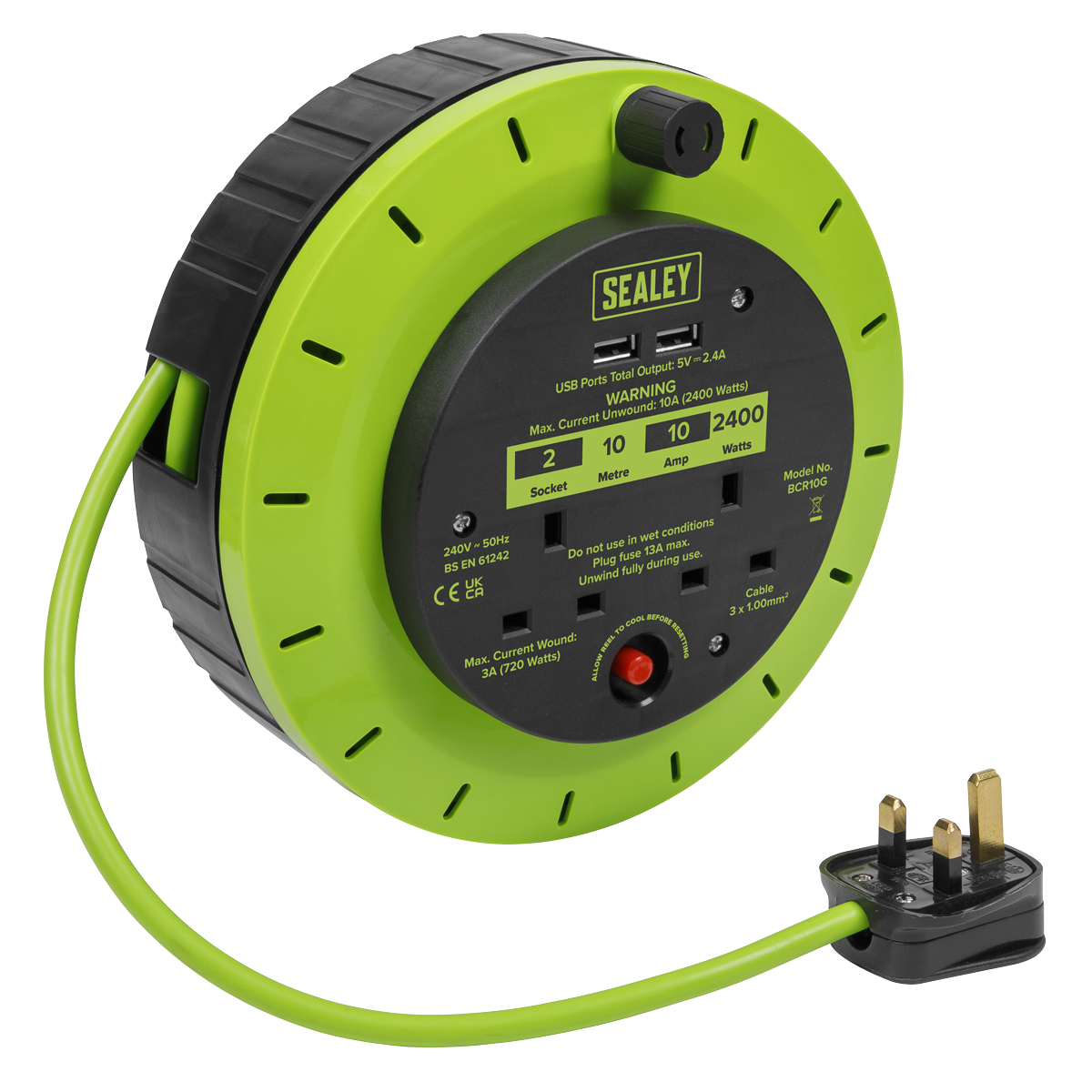 10m Cassette Type Cable Reel with Thermal Trip 2 x 230V & 2 x USB - Hi-Vis Green