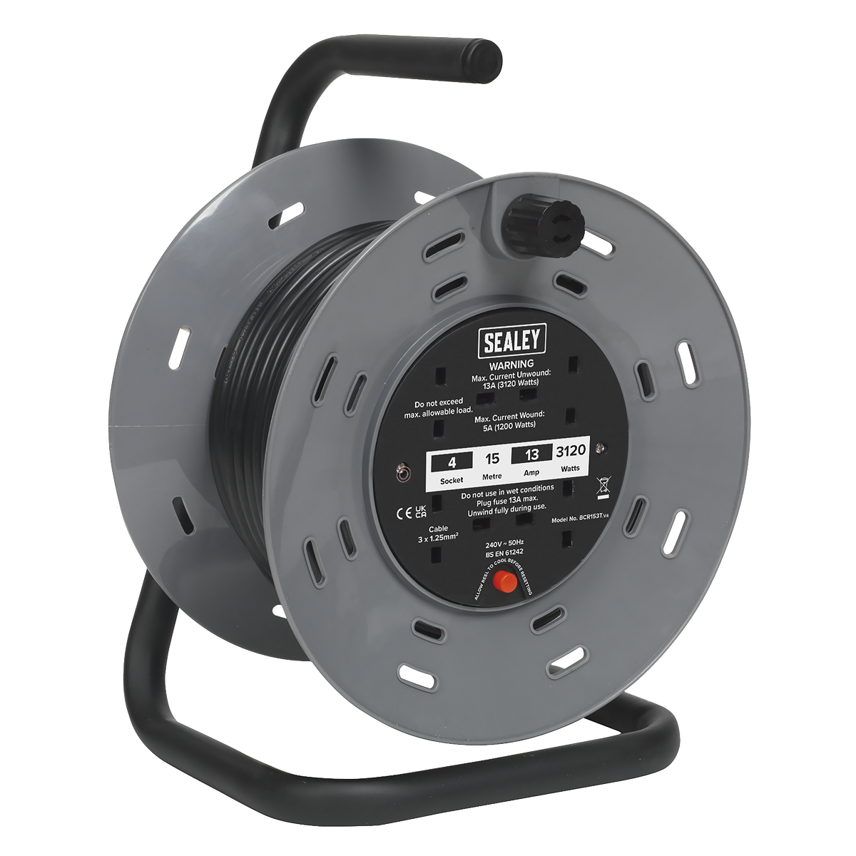 15m Cable Reel with Thermal Trip 4 x 230V