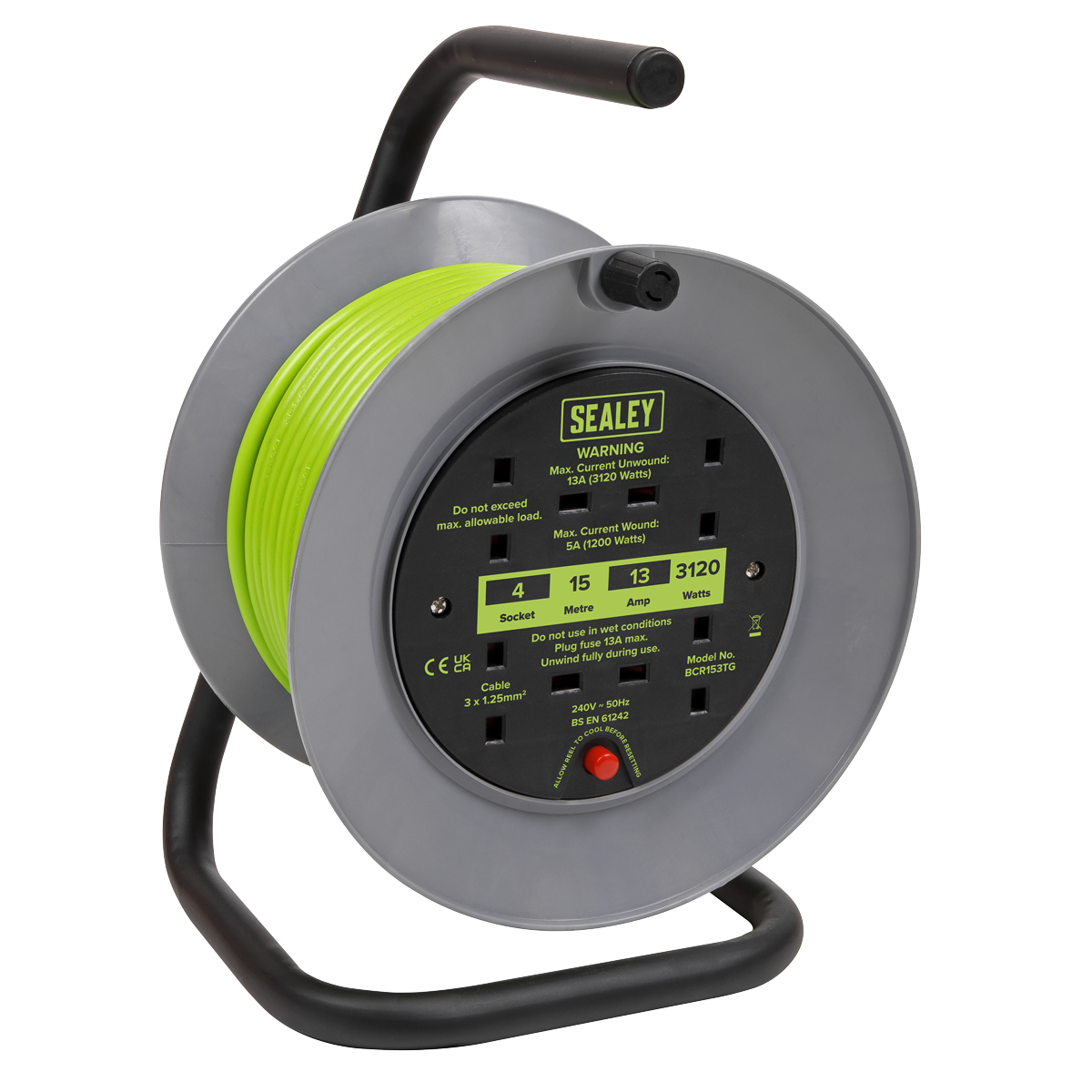 15m Cable Reel with Thermal Trip 4 x 230V - Hi-Vis Green