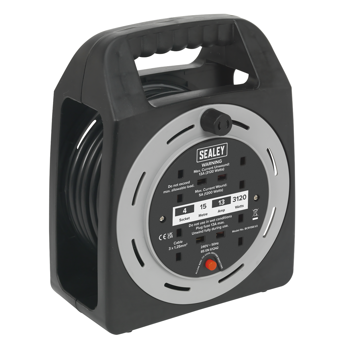 15m Box Type Cable Reel with Thermal Trip 4 x 230V