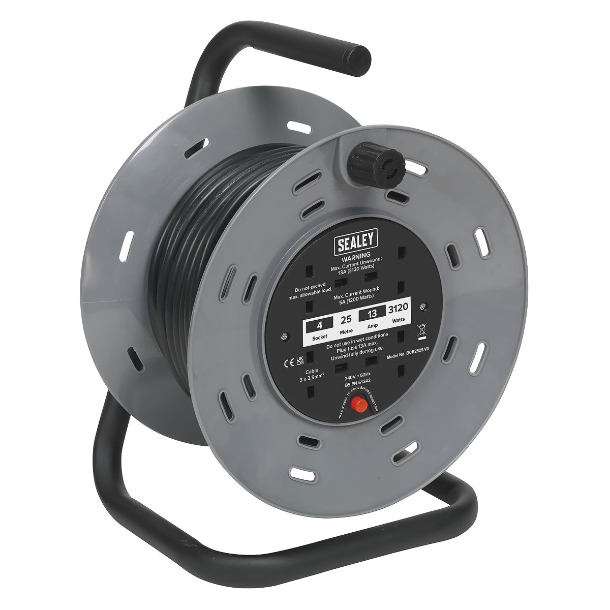 25m Cable Reel with Thermal Trip 4 x 230V