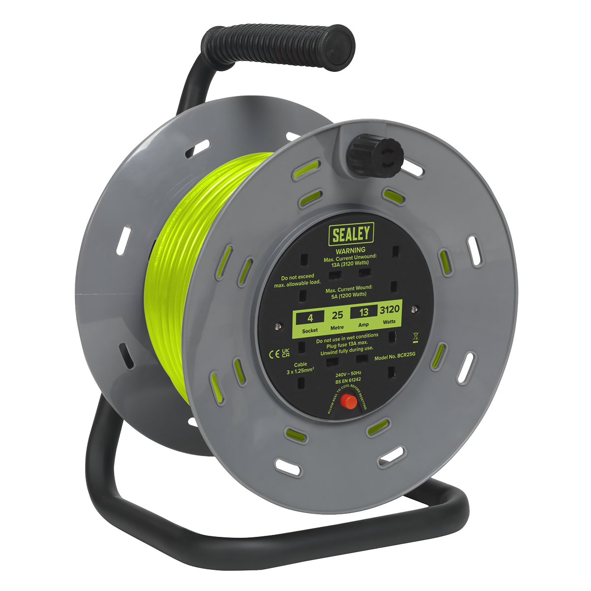25m Cable Reel with Thermal Trip 4 x 230V - Hi-Vis Green