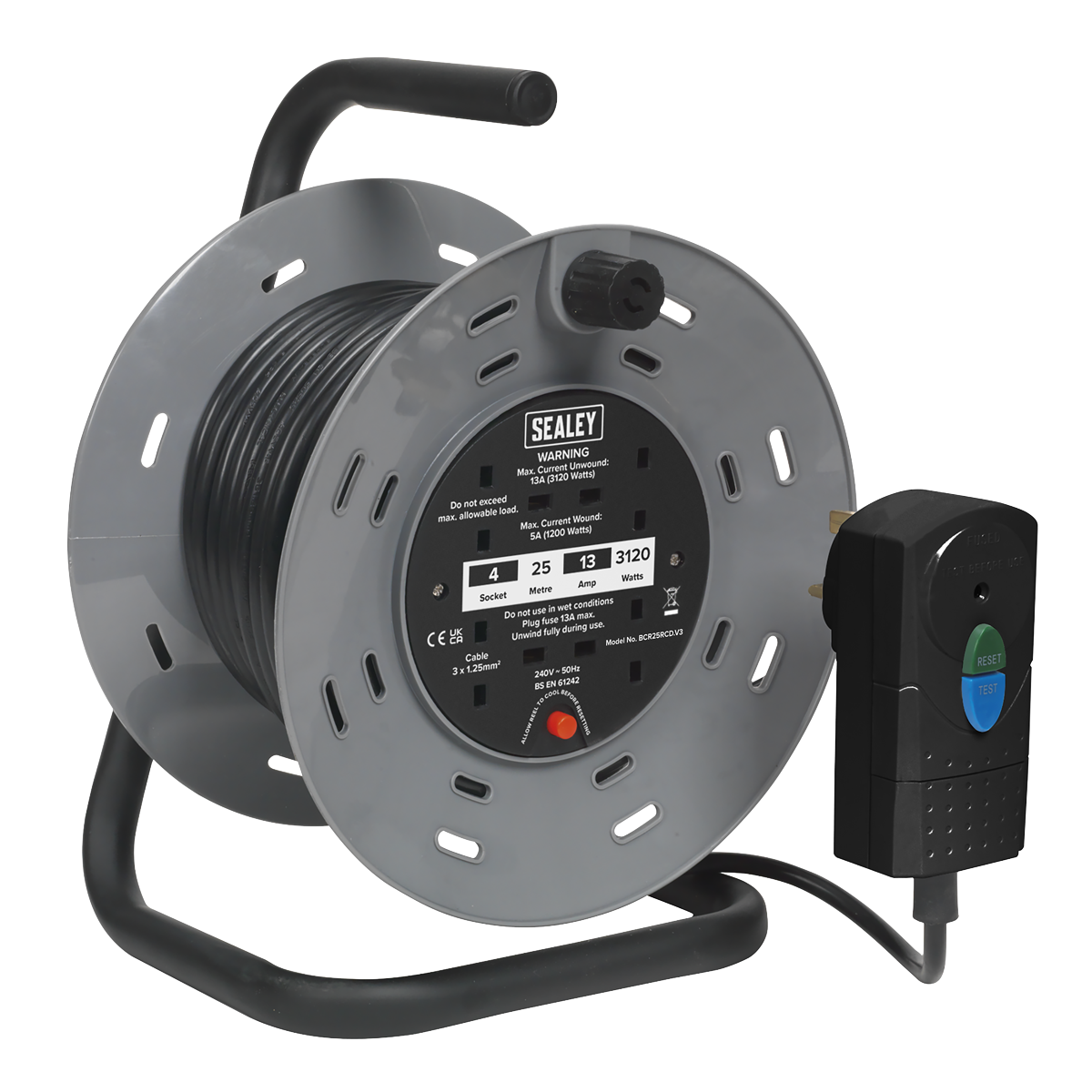 25m Cable Reel with Thermal Trip & RCD Plug 4 x 230V