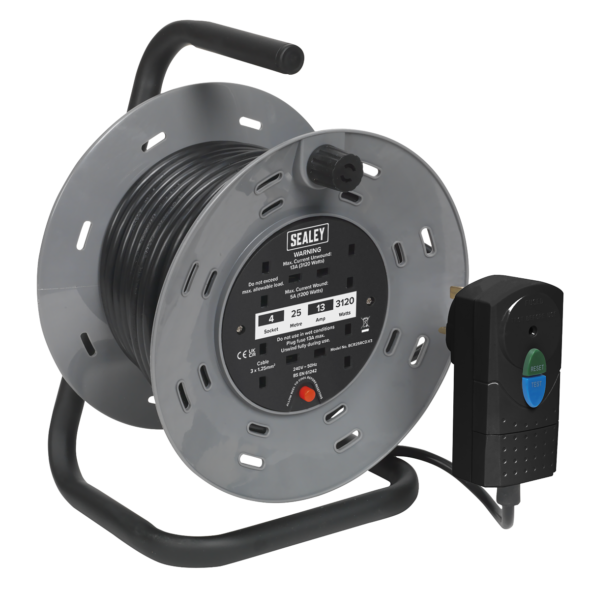 25m Cable Reel with Thermal Trip & RCD Plug 4 x 230V