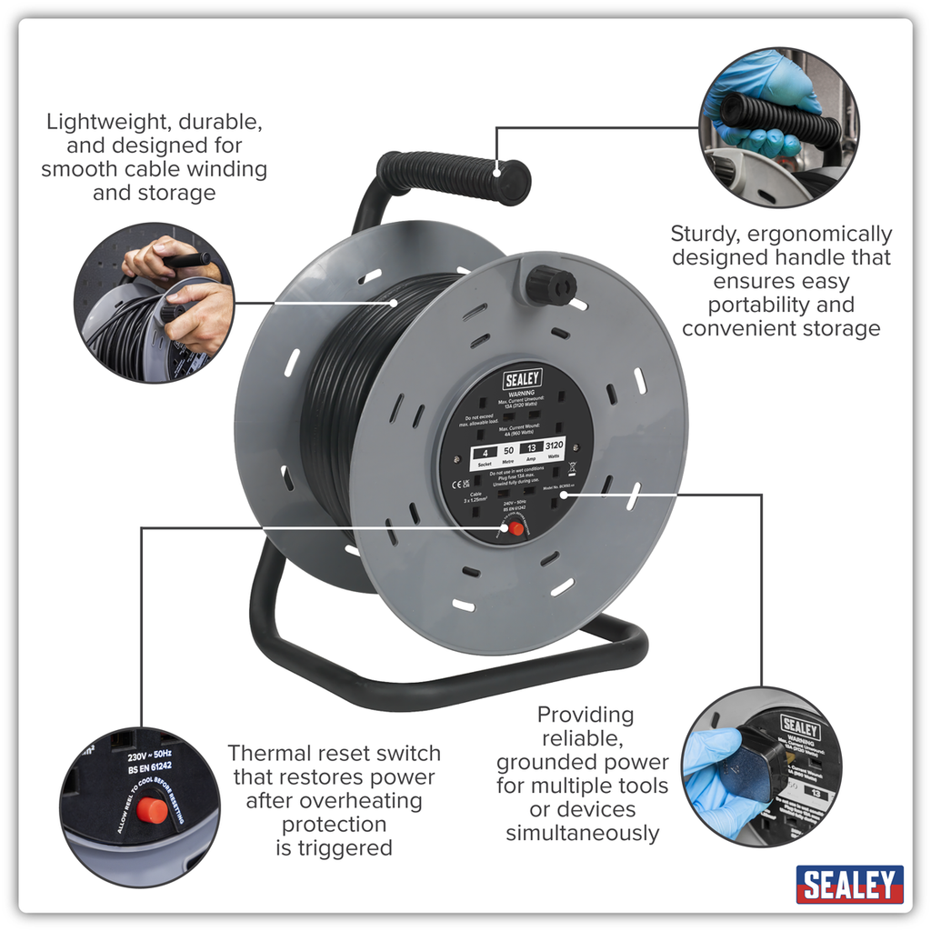 50m Cable Reel with Thermal Trip 4 x 230V