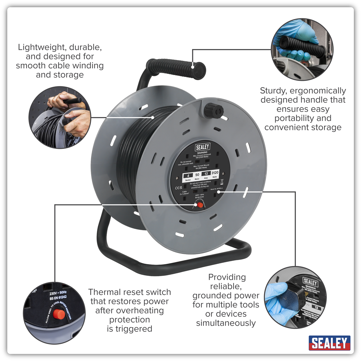 50m Cable Reel with Thermal Trip 4 x 230V