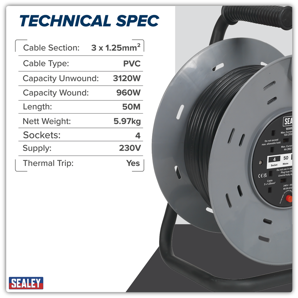 50m Cable Reel with Thermal Trip 4 x 230V