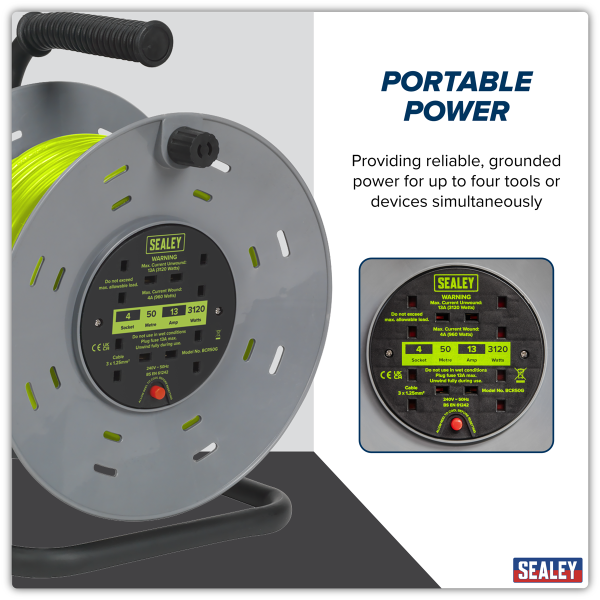 50m Cable Reel with Thermal Trip 4 x 230V - Hi-Vis Green