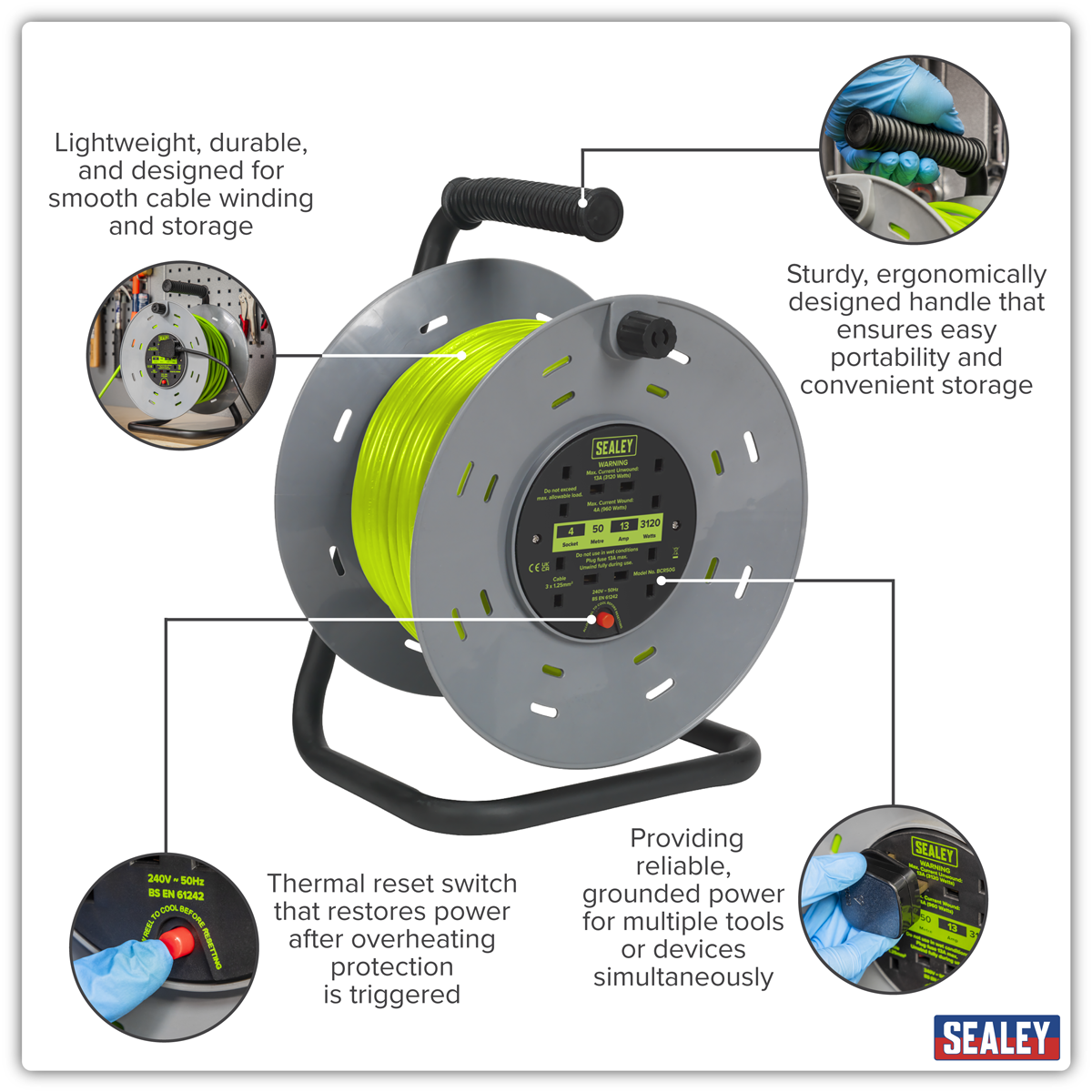 50m Cable Reel with Thermal Trip 4 x 230V - Hi-Vis Green