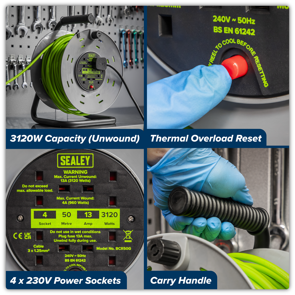 50m Cable Reel with Thermal Trip 4 x 230V - Hi-Vis Green
