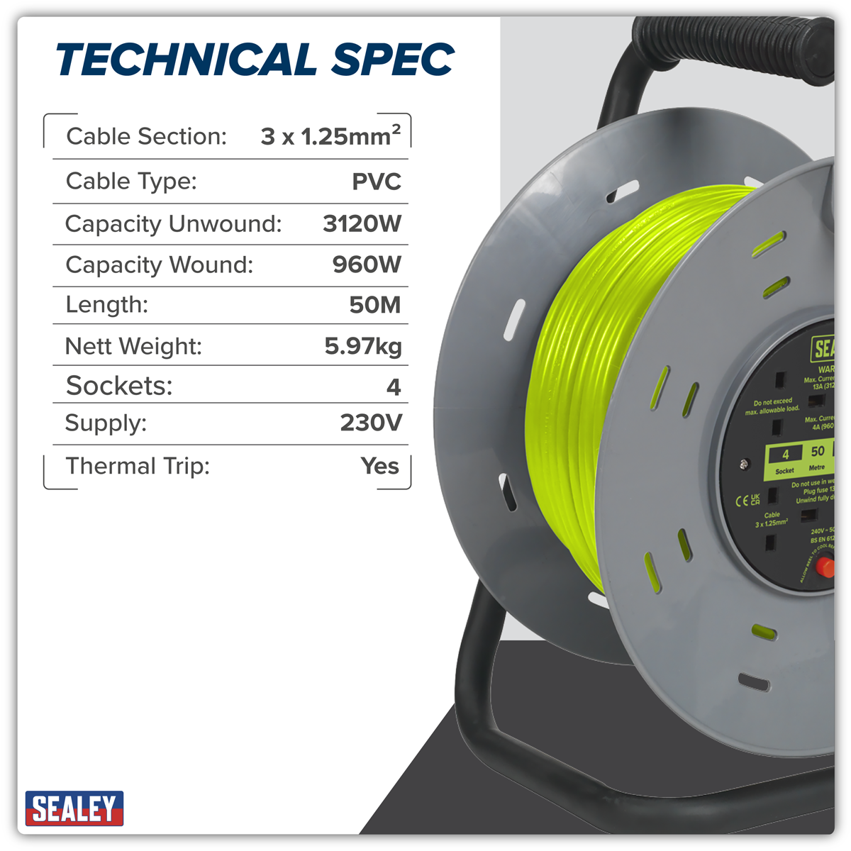 50m Cable Reel with Thermal Trip 4 x 230V - Hi-Vis Green