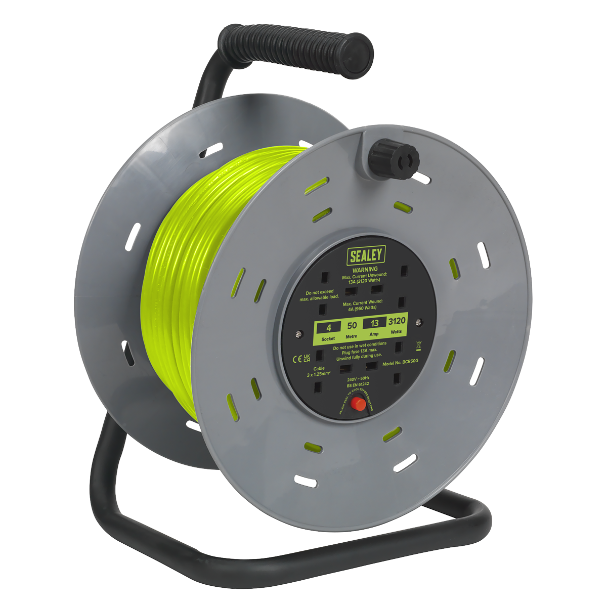 50m Cable Reel with Thermal Trip 4 x 230V - Hi-Vis Green
