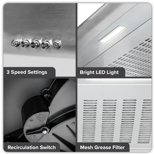 Baridi DH108 Visor Electric Cooker Extractor Fan Hood with Carbon Filter 60cm, LED Light, Stainless Steel