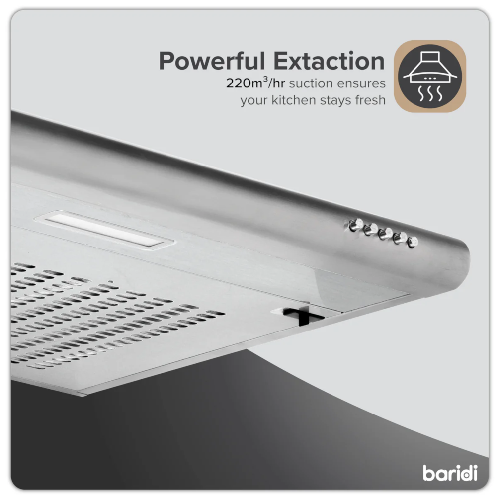Baridi DH108 Visor Electric Cooker Extractor Fan Hood with Carbon Filter 60cm, LED Light, Stainless Steel