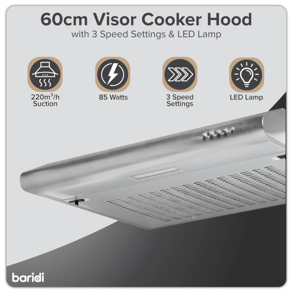 Baridi DH108 Visor Electric Cooker Extractor Fan Hood with Carbon Filter 60cm, LED Light, Stainless Steel