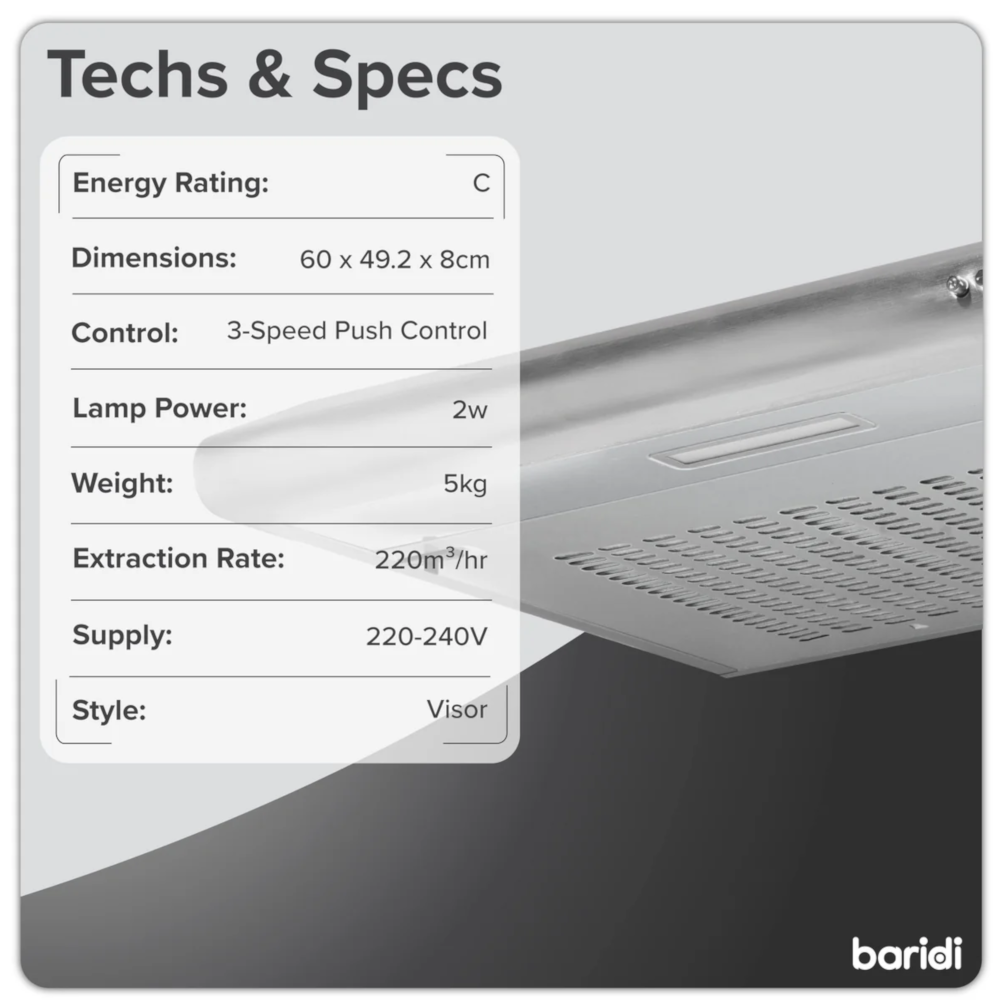Baridi DH108 Visor Electric Cooker Extractor Fan Hood with Carbon Filter 60cm, LED Light, Stainless Steel