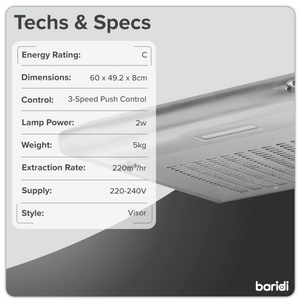 Baridi DH108 Visor Electric Cooker Extractor Fan Hood with Carbon Filter 60cm, LED Light, Stainless Steel