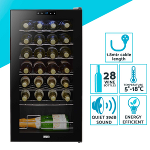 Baridi DH10 Wine Cooler Fridge with Digital Touchscreen Controls, LED Light, 28 Bottle Capacity, Black