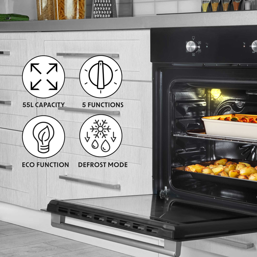 Baridi DH124 Built-in Fan Assisted Integrated Electric Oven 60cm, 55 Litre Capacity, 5 Functions, Black